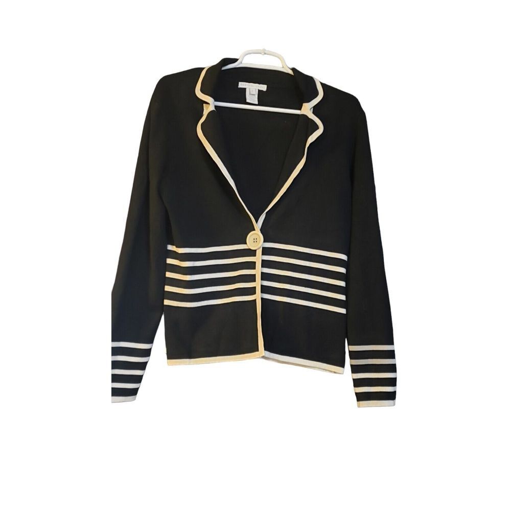 Vintage‎ DESIGN HISTORY Black SILK Blend Knit Collared Cardigan Sweater Jacket L